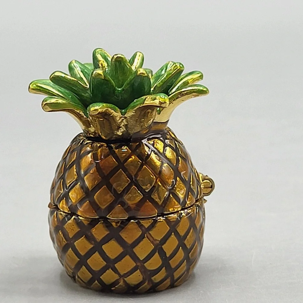Work of Art Pineapple Trinket Pill Box Small Hinged Enameled Shelf Decor